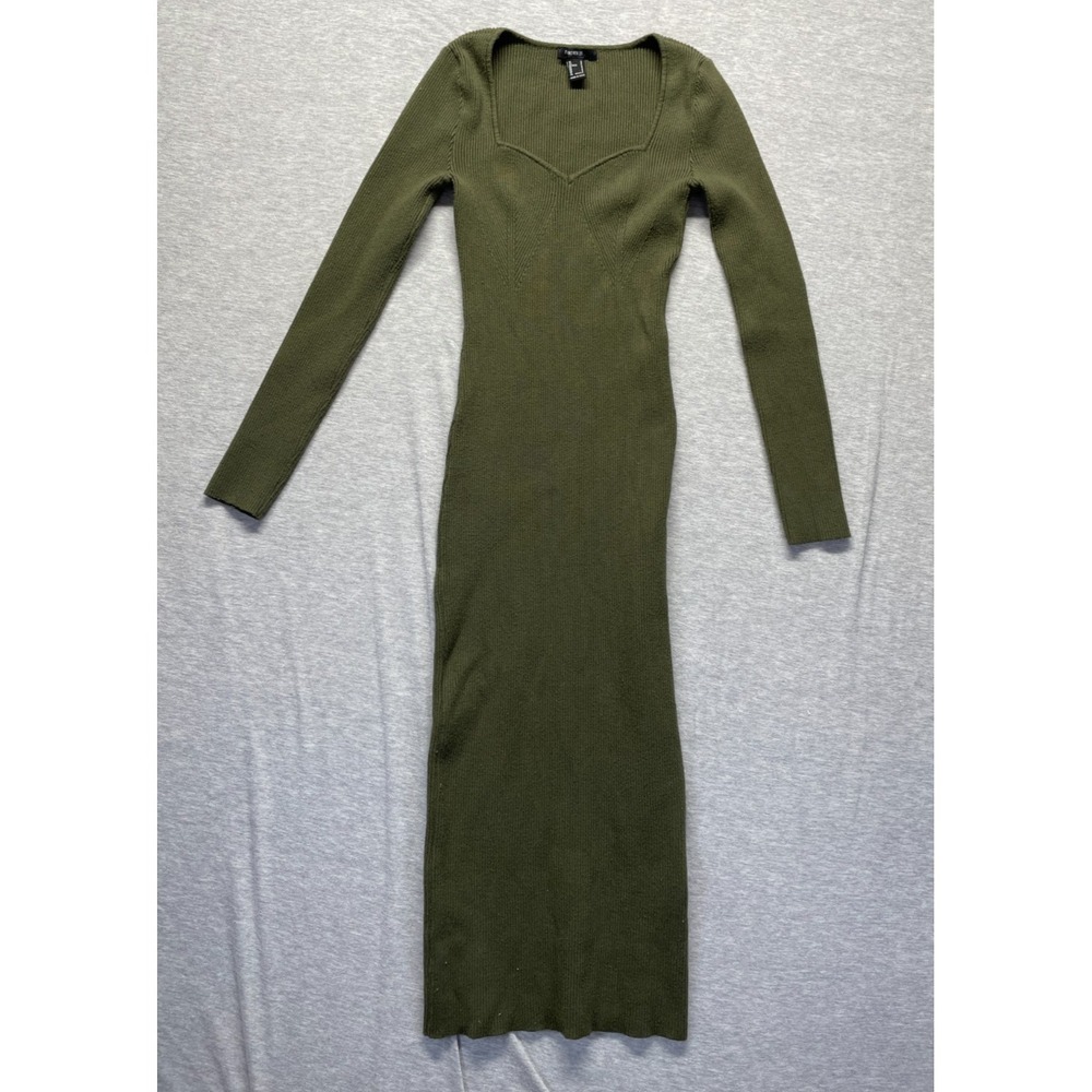 FOREVER 21 Bodycon Sweater Dress Womens Small Green Rayon Ribbed Sweetheart Neck